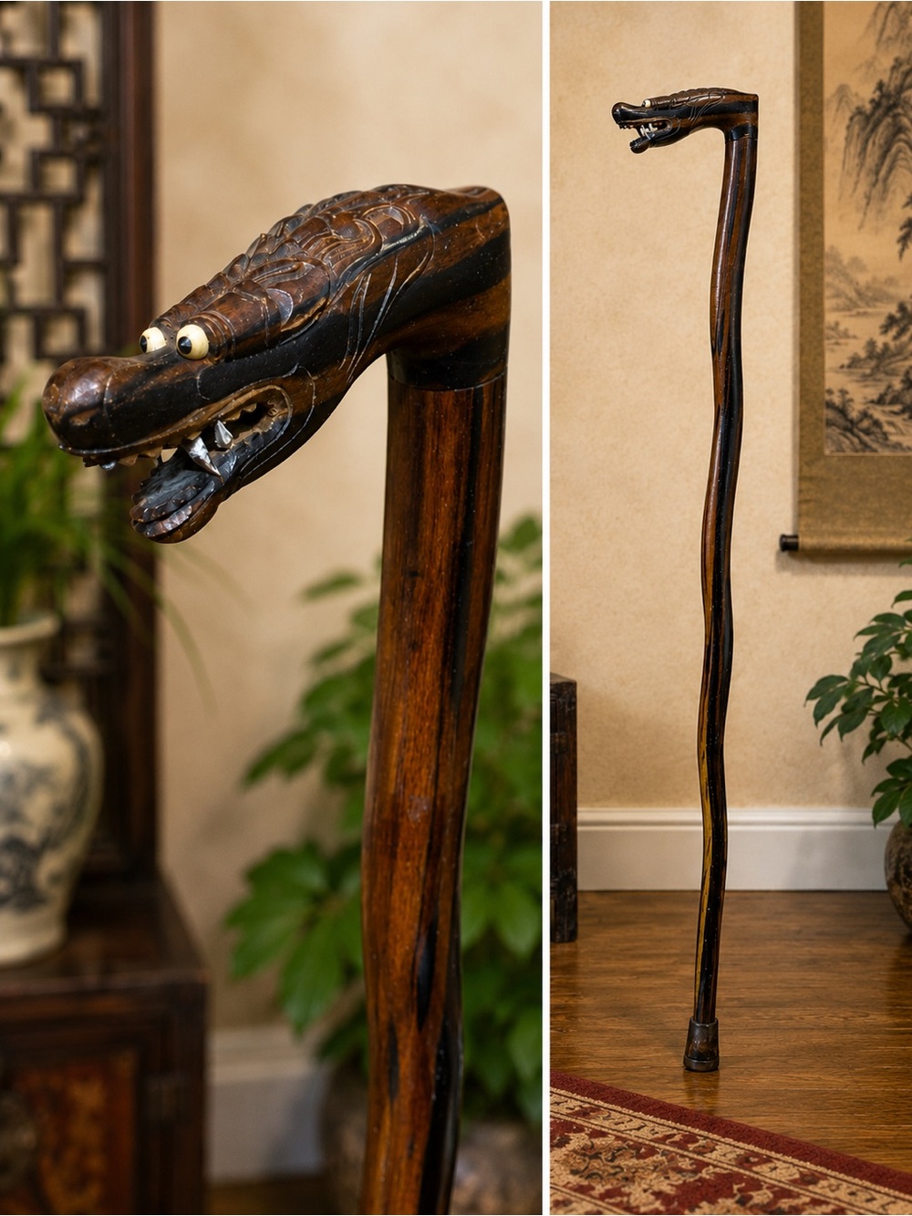Vintage Hand Carved Wood Dragon Head Walking Cane Asian Walking Stick 36”